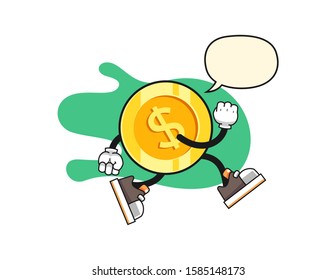 Dollar Gold Coin Run With Speech Bubble Cartoon. Mascot Character Vector.