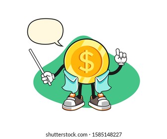 Dollar gold coin scientist professor with speech bubble cartoon. Mascot Character vector.