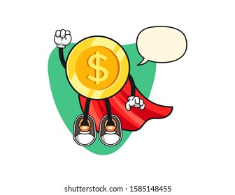 Dollar gold coin super hero with speech bubble cartoon. Mascot Character vector.