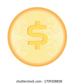 Dollar gold coin with the surface of the form of lead on the electronic circuit board.