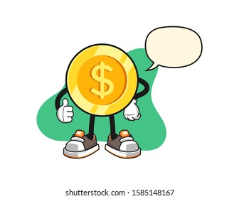 Dollar gold coin thumbs up with speech bubble cartoon. Mascot Character vector.