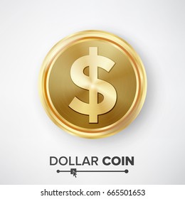 Dollar Gold Coin Vector. Realistic Money Sign Illustration
