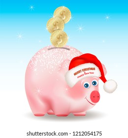 Dollar gold coins falling into money pig bank. Merry Christmas and Happy New Year congratulation on Santa Claus red hat. Conceptual Realistic vector illustration on blue background.