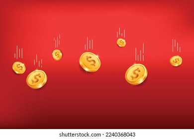 Dollar gold coins falling from top on red background. Realistic 3D gold coins. Ecommerce free credit concept.