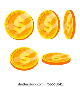 Dollar Gold Coins Sign Vector Set. Flat, Cartoon. Flip Different Angles. Currency Money. Investment Concept Illustration. Banking, Finance Coin Symbol. Dollar Currency Isolated