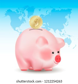 Dollar golden coin falling into money pig bank. Conceptual realistic vector illustration on blue background with world map.