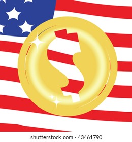 Dollar golden coin on United States of America flag background