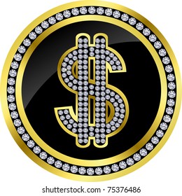 Dollar golden icon with diamonds, vector