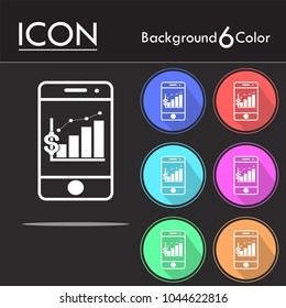 Dollar graph bar graph in phone vector icon, dollar growing graph in smartphone or phone vector icon on six color background.