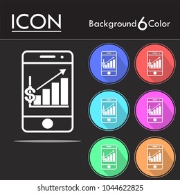 Dollar graph bar graph in phone vector icon, dollar growing graph in smartphone or phone vector icon on six color background.