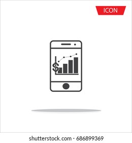 Dollar graph bar graph in phone vector icon, dollar growing graph in smartphone or phone vector icon on white background.