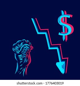 Dollar graph down line pop art potrait logo colorful design with dark background. Abstract vector illustration. Isolated black background for t-shirt, poster, clothing, merch, apparel, badge design