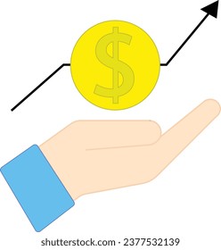 Dollar graph up an open palm icon. Offer chart business illustration symbol. Sign finansial graphic and hand vector.