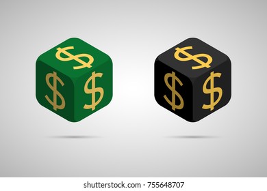 Dollar. Green and Black Dollar Cube. Isometric Cube with Golden Dollar Sign on the Sides. Isolated Cubic Figure with Shadow