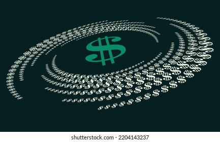 Dollar green sign in circle form. Halftone effect with US currency sign. Perspective view.