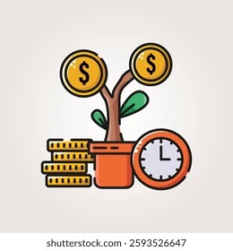 dollar growing on tree icons vector illustration design. icons of clock dollar stack and tree suitable for motivation icons, business, web etc
