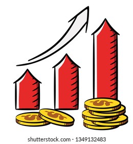Dollar Growth Chart. Сoins, up arrow on white background. Icon. Symbol. Sign. Stock vector illustration. Isolated.