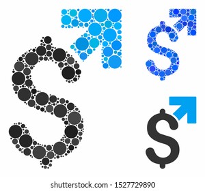 Dollar growth composition of filled circles in different sizes and color tones, based on dollar growth icon. Vector filled circles are grouped into blue collage.