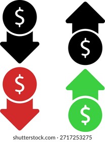 Conjunto de iconos de crecimiento y caída del dólar, flechas de subida y bajada de la tasa de cambio, ilustración financiera de Vector plano