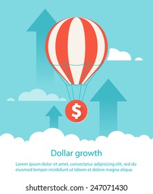 Dollar growth. Design concept. Balloon lifts up coin