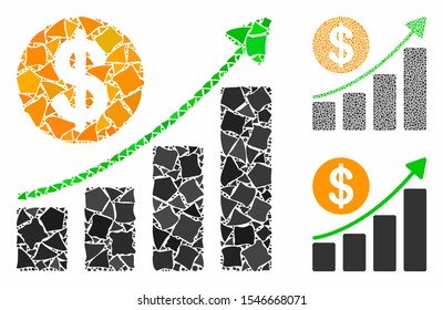 Dollar growth graph mosaic of irregular parts in various sizes and color hues, based on dollar growth graph icon. Vector tremulant parts are grouped into collage.