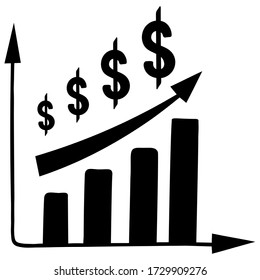 Dollar growth graph. Silhouette. Axis of coordinates. US dollar symbol. Vector illustration. Business and finance. Stock market. Contour on an isolated white background. Flat style. Iconography.