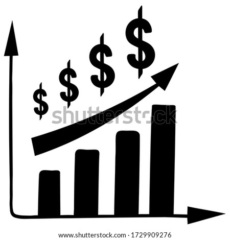 Dollar growth graph. Silhouette. Axis of coordinates. US dollar symbol. Vector illustration. Business and finance. Stock market. Contour on an isolated white background. Flat style. Iconography.