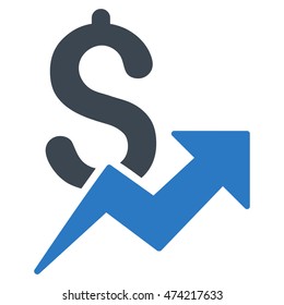 Dollar Growth icon. Vector style is bicolor flat iconic symbol with rounded angles, smooth blue colors, white background.