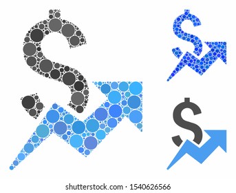 Dollar growth mosaic of circle elements in different sizes and color tinges, based on dollar growth icon. Vector circle elements are composed into blue mosaic.