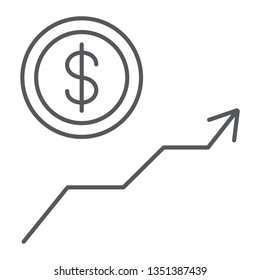 Dollar growth thin line icon, financial and graph, money increase sign, vector graphics, a linear pattern on a white background, eps 10.