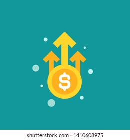 dollar growth vector icon. gold dollar coin with three up arrows. Flat icon. Isolated on blue. Economy, finance, money, investment symbol. Currency pictogram. Vector illustration.