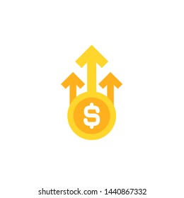 dollar growth vector icon. gold dollar coin with three up arrows. Flat icon. Isolated on white. Economy, finance, money, investment symbol. Currency pictogram. Vector illustration.