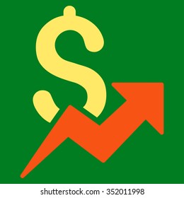 Dollar Growth vector icon. Style is bicolor flat symbol, orange and yellow colors, rounded angles, green background.