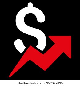 Dollar Growth vector icon. Style is bicolor flat symbol, red and white colors, rounded angles, black background.