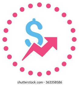 Dollar Growth vector icon. Style is bicolor flat circled symbol, pink and blue colors, rounded angles, white background.