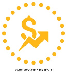 Dollar Growth vector icon. Style is flat circled symbol, yellow color, rounded angles, white background.
