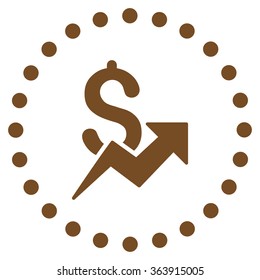 Dollar Growth vector icon. Style is flat circled symbol, brown color, rounded angles, white background.