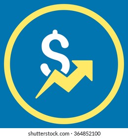 Dollar Growth vector icon. Style is bicolor flat circled symbol, yellow and white colors, rounded angles, blue background.
