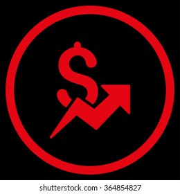 Dollar Growth vector icon. Style is flat circled symbol, red color, rounded angles, black background.