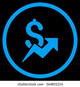 Dollar Growth vector icon. Style is flat circled symbol, blue color, rounded angles, black background.