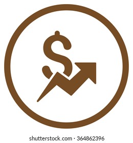 Dollar Growth vector icon. Style is flat circled symbol, brown color, rounded angles, white background.