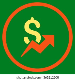 Dollar Growth vector icon. Style is bicolor flat circled symbol, orange and yellow colors, rounded angles, green background.
