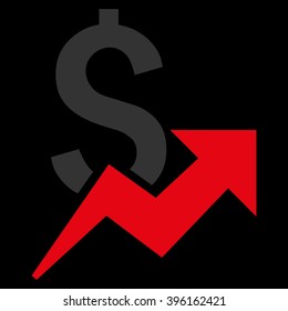 Dollar Growth vector icon. Style is flat symbol, red color, black background.