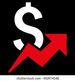 Dollar Growth vector icon. Style is bicolor flat symbol, red and white colors, black background.