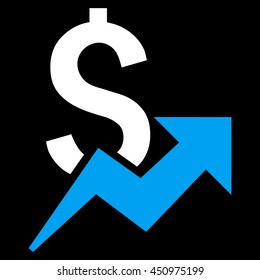 Dollar Growth vector icon. Style is bicolor flat symbol, blue and white colors, black background.