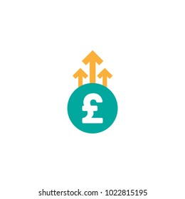 dollar growth vector icon. White pound sterling sign in blue circle with three up arrows. Flat icon. Isolated on white. Economy, finance, money symbol. Currency pictogram. Vector illustration.