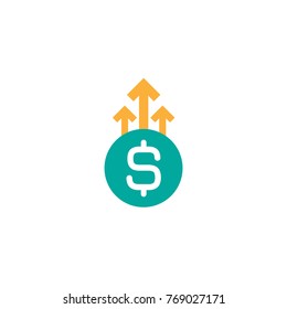 dollar growth vector icon. White dollar sign in blue circle with three up arrows. Flat icon. Isolated on white. Economy, finance, money symbol. Currency pictogram. Vector illustration.