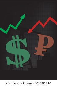 Dollar growth,Ruble decline illustration based on oil price with oil pump and up and down arrows in background 