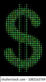 Dollar halftone vector icon. Illustration style is pixelated iconic dollar symbol on a black background. Halftone pattern is constructed with round points.