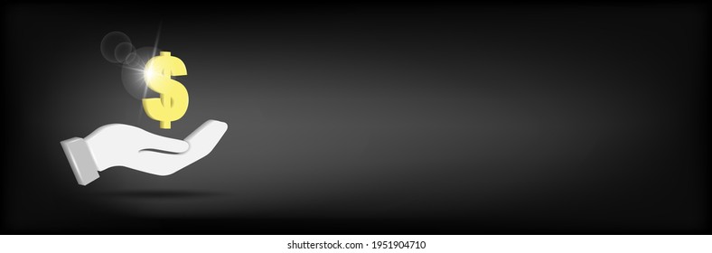 Dollar in hand 3D icon. Vector illustration design isolated on black background. Save, cash, currency, dollar, finance concept. Donation concept.
